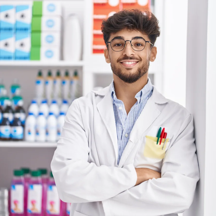 A smiling Pharmacist standing with arms crossed leaning on the pharmacy wall